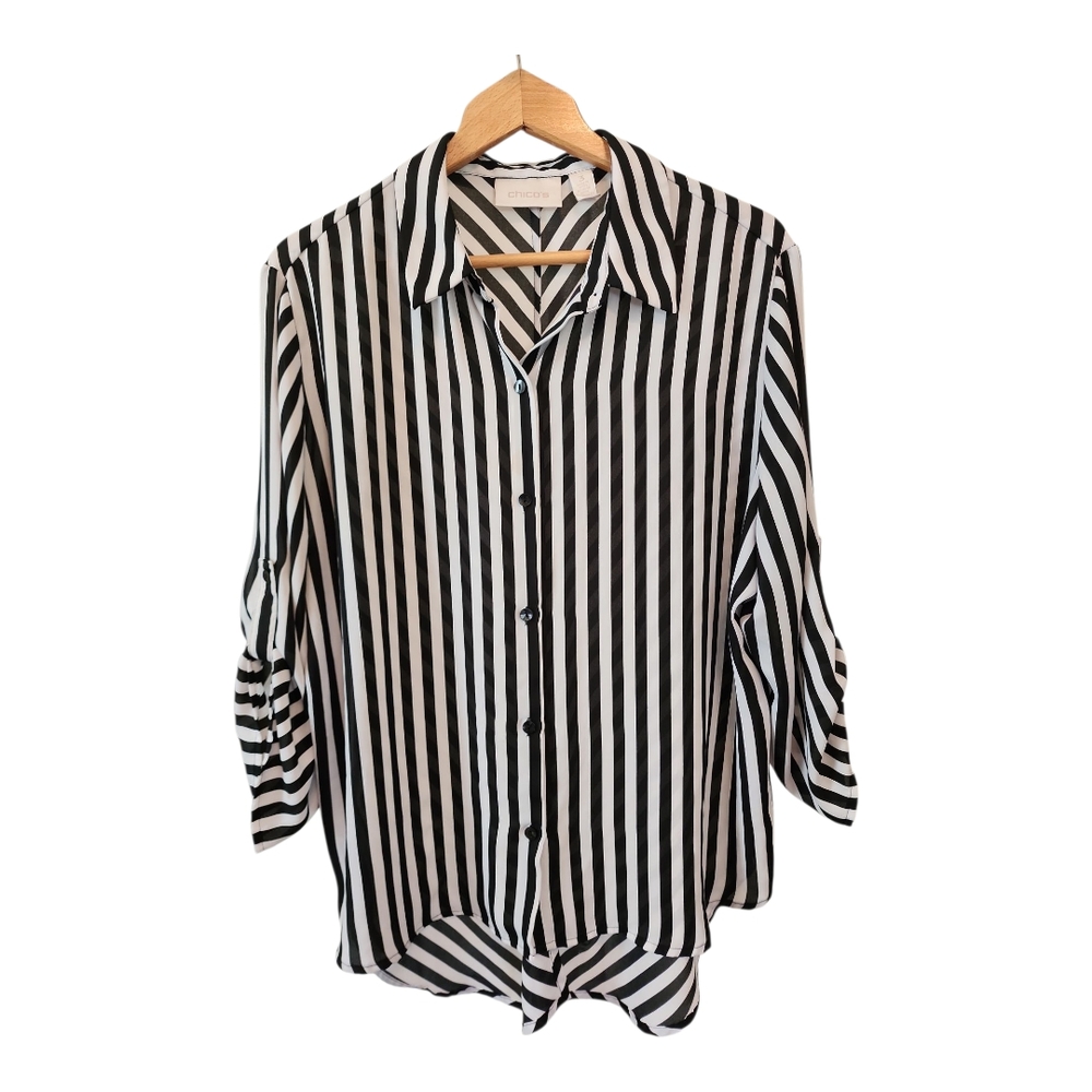 Chico's Black and White Button Down Shirt with Notched Collar and Cuffed Sleeves